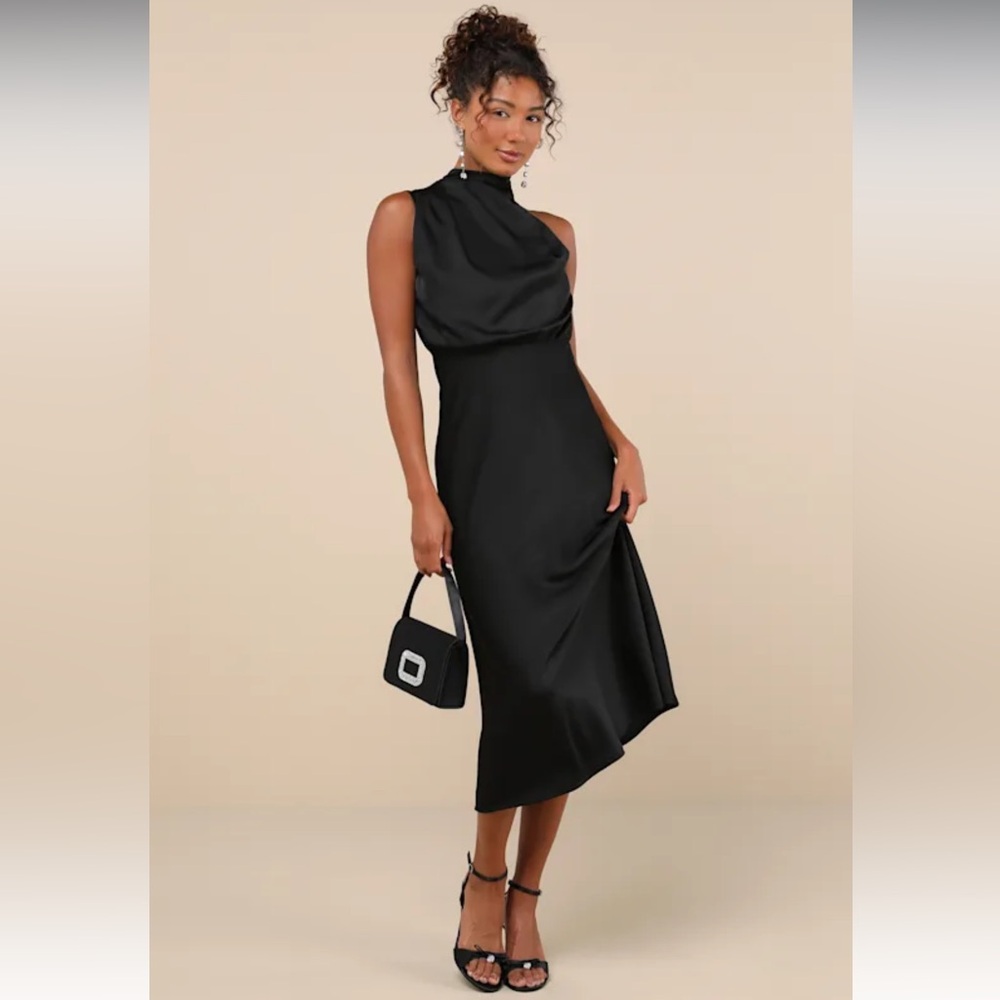 Lulu’s Distinctive Charm Black Satin Asymmetrical Midi Dress. Large. New w. tags